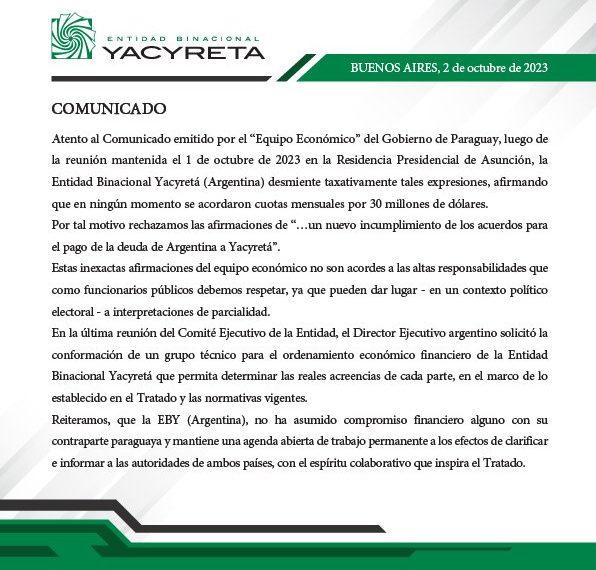 Yacyretá lado argentino desmiente a equipo económico de Paraguay: niega que se haya acordado pagos por US$ 30 millones mensuales